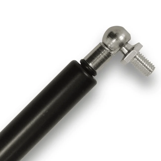 Adjustable force gas strut close up, shown on white background
